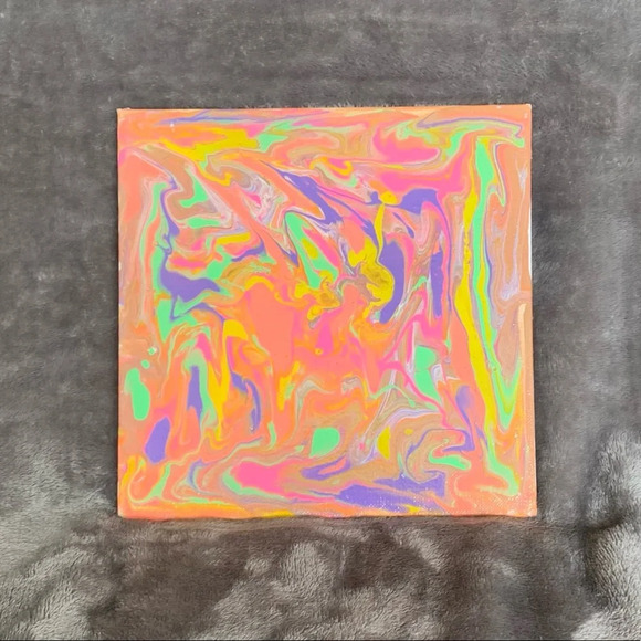 “A Taste of Neon” Paint Pour - 8”x8” canvas with pink, coral, blue, green - Picture 1 of 6